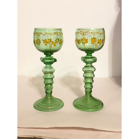 Vintage Moser Green Glass Roemer Wine Goblets Gold Gilded Floral Design - Picture 1 of 5
